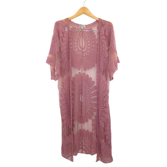 Mauve Boho Sheer Lace Kimono Duster Festival Romantic Beach Cover-Up Size L - Picture 1 of 7